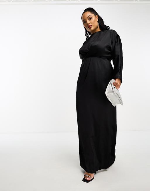 ASOS DESIGN Curve Maxikleid aus Satin in Schwarz mit Fledermausarmeln und gewickelter Taille ASOS