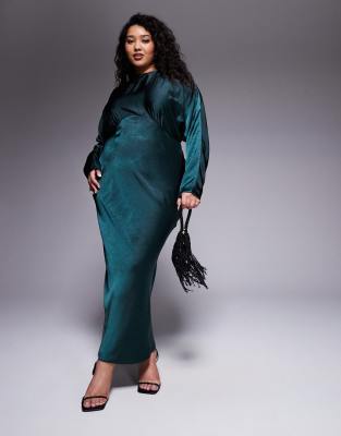 ASOS DESIGN Curve - Maxikleid aus Satin in Tannengrün mit Fledermausärmeln-Lila