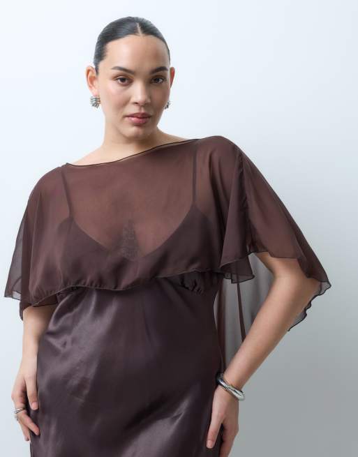 ASOS DESIGN Curve Maxikleid aus Satin mit Cape-Layer in Schokobraun, 5 von 5
