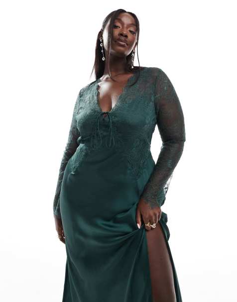 ASOS DESIGN Curve – Maxikleid aus Satin- und Spitzenmix in Dunkelgrün mit asymmetrischem Schnitt, Bindedetail vorn und Zierausschnitt hinten - view 1
