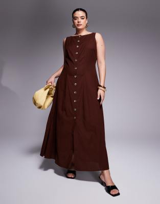 ASOS DESIGN Curve - Maxikleid im Westenstil in Schokobraun mit Knopfleiste und U-Boot-Ausschnitt