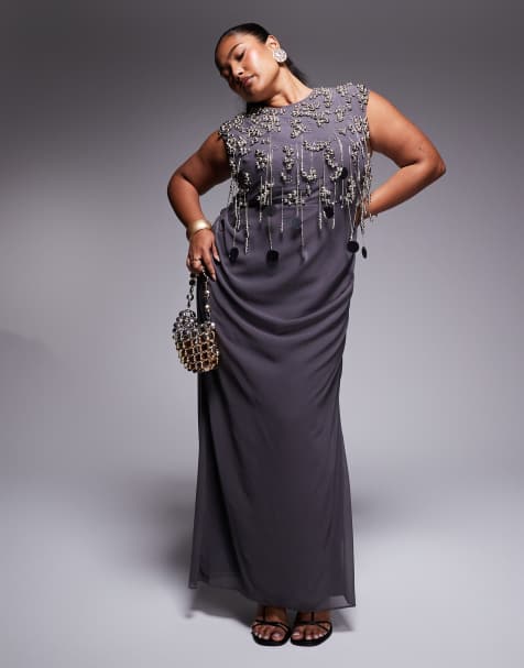 ASOS DESIGN Curve – Maxikleid in Anthrazit mit Cluster-Verzierung am Oberteil und drapiertem Rock - view 1