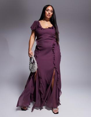 ASOS DESIGN Curve - Maxikleid in Aubergine mit Flatterärmeln, Rüschen und Godetdetails-Lila