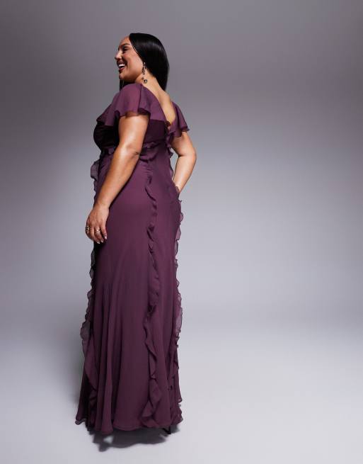 ASOS DESIGN Curve – Maxikleid in Aubergine mit Flatterärmeln, Rüschen und Godetdetails, 2 von 4