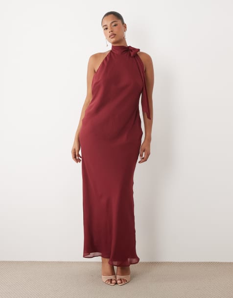 ASOS DESIGN Curve – Maxikleid in Beerenrot mit gebundenem Neckholderträger - view 1
