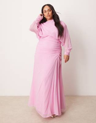 ASOS DESIGN Curve - Maxikleid in Rosa mit gerafften Blouson-Detail-Bunt