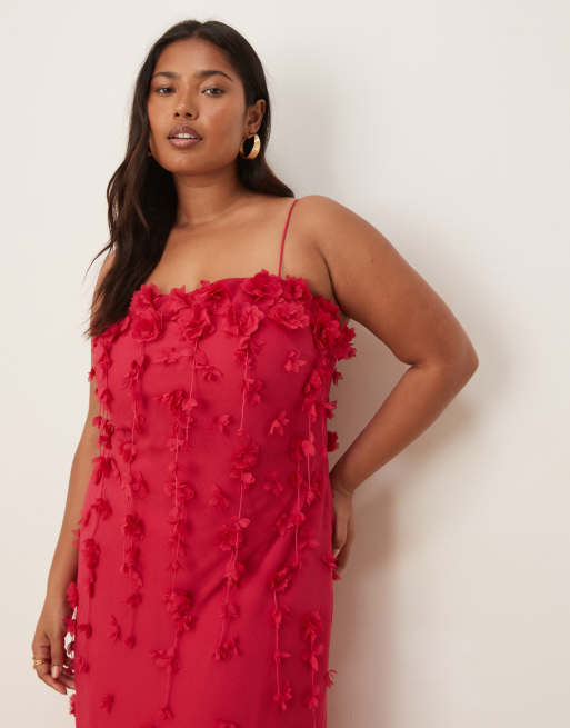 ASOS DESIGN Curve – Maxikleid in Rosa mit schmalen Trägern und 3D-Blumenapplikationen, 3 von 4