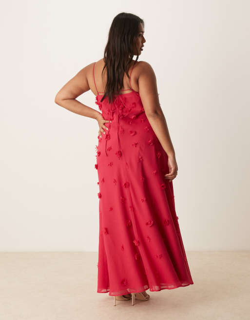 ASOS DESIGN Curve – Maxikleid in Rosa mit schmalen Trägern und 3D-Blumenapplikationen, 4 von 4