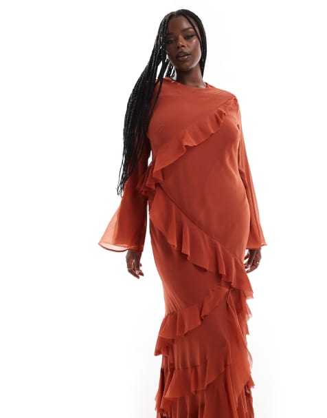 ASOS DESIGN Curve – Maxikleid in Rostrot mit ausgestellten langen Ärmeln und auffälligem Rüschenbesatz - view 1
