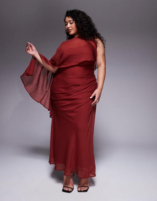 ASOS DESIGN Curve – Maxikleid in Rostrot mit drapiertem Rock und mehrlagigem Ärmel-Overlay, 4 von 4