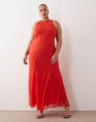 ASOS DESIGN Curve - Maxikleid in Rot mit Racerausschnitt, Schrägschnitt und Godet-Saum