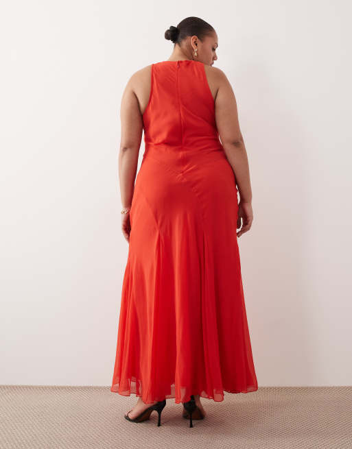 ASOS DESIGN Curve – Maxikleid in Rot mit Racerausschnitt, Schrägschnitt und Godet-Saum, 2 von 4