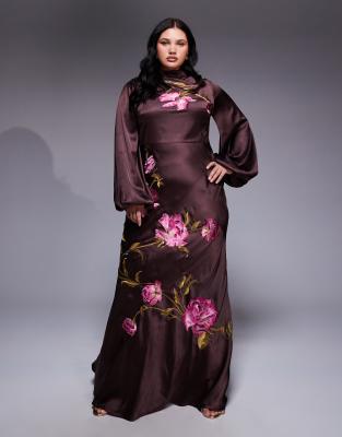 ASOS DESIGN Curve - Maxikleid in Schokobraun mit Schrägschnitt, Blousonärmeln, Blumenstickerei und Wasserfallausschnitt-...