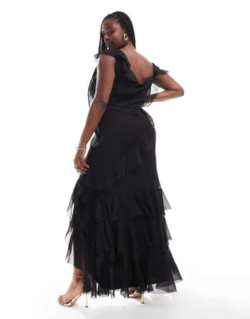ASOS DESIGN Curve – Maxikleid in Schwarz mit Rüschen, asymmetrischen Trägern und Bias-Cut, 2 von 4