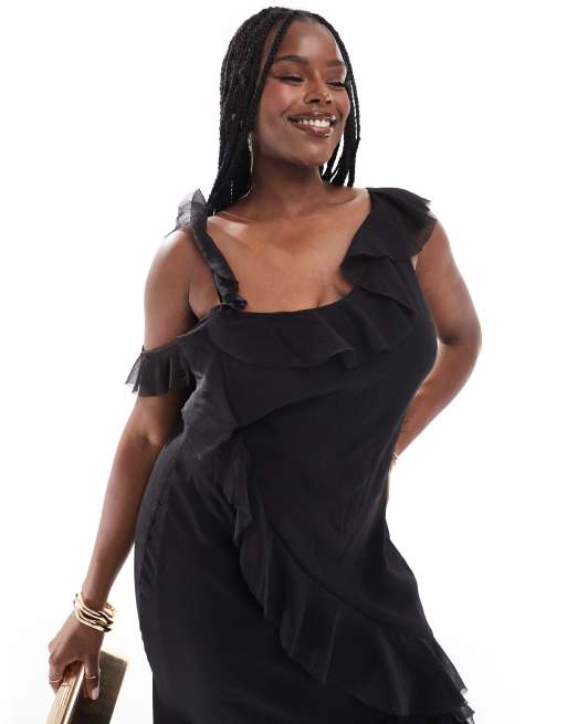 ASOS DESIGN Curve – Maxikleid in Schwarz mit Rüschen, asymmetrischen Trägern und Bias-Cut, 3 von 4