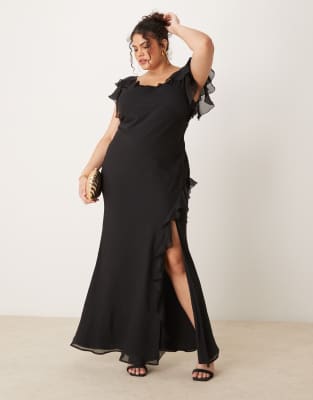 ASOS DESIGN Curve - Maxikleid in Schwarz mit Rüschen, Flatterärmeln und Seitenschlitz