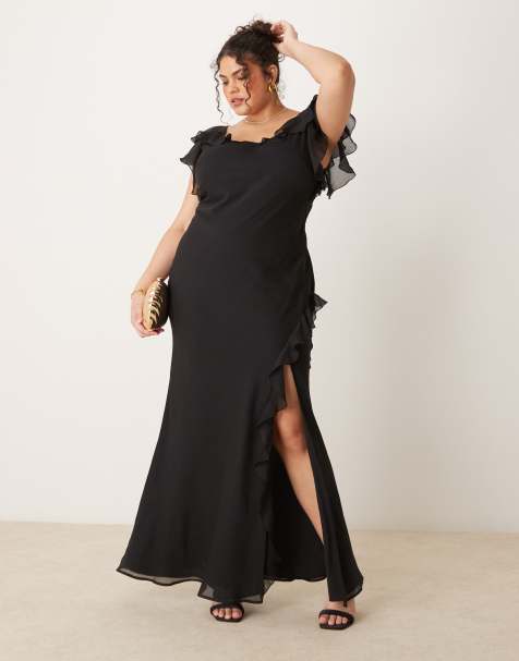 ASOS DESIGN Curve – Maxikleid in Schwarz mit Rüschen, Flatterärmeln und Seitenschlitz - view 1