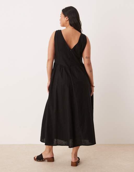 ASOS DESIGN Curve – Maxikleid in Schwarz mit V-Ausschnitt, Knopfleiste und tiefer Taille, 2 von 4