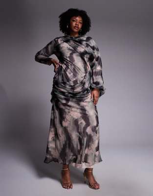 ASOS DESIGN Curve - Maxikleid in Senfgelb mit Blumenmuster, drapierter Vorderseite und Blouson-Ärmeln-Bunt