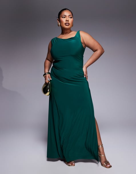 ASOS DESIGN Curve – Maxikleid in Smaragdgrün mit verdrehter Schulterpartie und geschnürter Rückseite - view 1