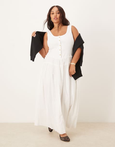 ASOS DESIGN Curve – Maxikleid in Weiß mit U-Ausschnitt, geripptem Oberteil, Knopfleiste und Popeline-Rock - view 1