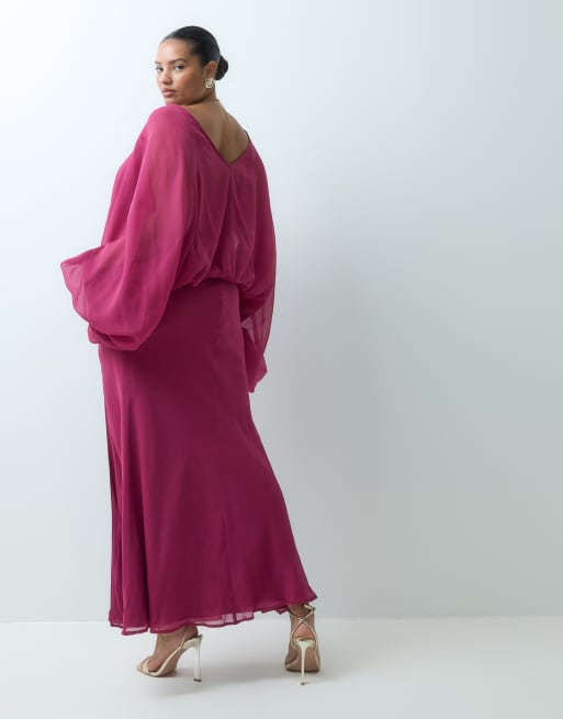 ASOS DESIGN Curve Maxikleid mit Ballonärmeln und Blouson-Taille in Himbeere, 4 von 4