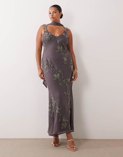 ASOS DESIGN Curve Maxikleid mit Blumenmuster und Verzierung, Camisole, mit Schal in Anthrazitgrau - view 1