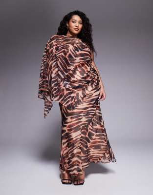ASOS DESIGN Curve - Maxikleid mit drapiertem Rock, Animalprint und mehrlagigem Ärmel-Overlay-Bunt