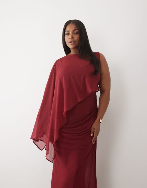 ASOS DESIGN Curve Maxikleid mit Drapierung, Fledermausärmel, asymmetrisch, einärmlig, in Burgunderrot - view 1