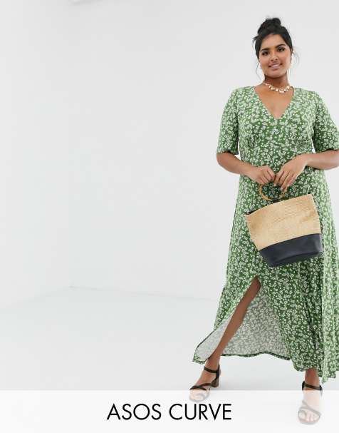ASOS DESIGN Curve – Maxikleid mit durchgehender Knopfleiste, Schlitzen und Blümchenmuster