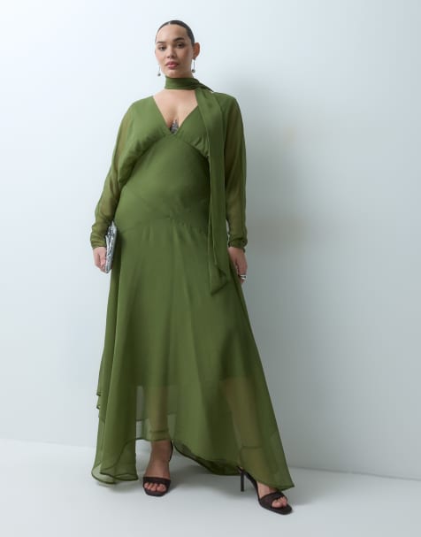 ASOS DESIGN Curve Maxikleid mit Fledermausärmeln, asymmetrischem weitem Rock und Schal in Olivgrün - view 1
