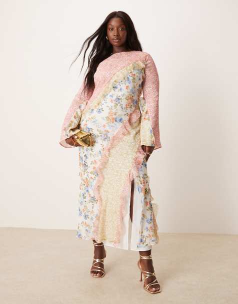 ASOS DESIGN Curve – Maxikleid mit gespleißtem Design, hübschem Blumenmuster, Rüschensaum und Ziernähten - view 1