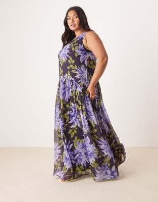 ASOS DESIGN Curve - Maxikleid mit großem Blumenmuster und höher angesetzter Taillennaht-Bunt