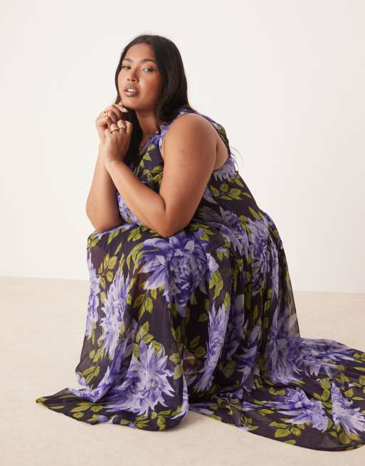 ASOS DESIGN Curve – Maxikleid mit großem Blumenmuster und höher angesetzter Taillennaht, 2 von 4