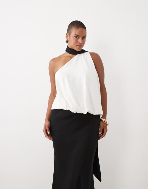 ASOS DESIGN Curve Maxikleid mit One-Shoulder-Träger und Bindekragen in monochromem Colour-Blocking, 2 von 4