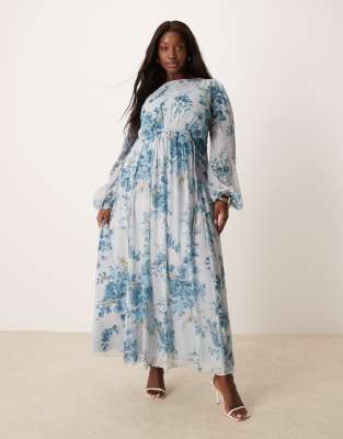 ASOS DESIGN Curve - Maxikleid mit Punktestruktur, Tunnelzugdetail und Blumenmuster in Blau-Bunt
