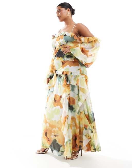 ASOS DESIGN Curve – Maxikleid mit schmalen Trägern, Schulterausschnitten, Rüschen und abstraktem Blumenmuster, 4 von 4
