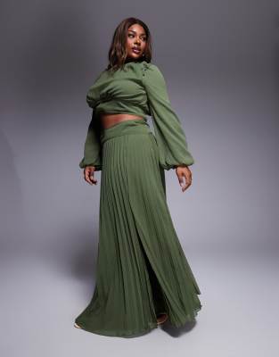 ASOS DESIGN Curve - Maxirock in Olivgrün mit tiefem Bund und Faltendetail, Kombiteil