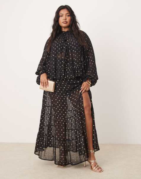 ASOS DESIGN Curve – Maxirock in Schwarz & Gold mit Metallic-Punktemuster - view 1