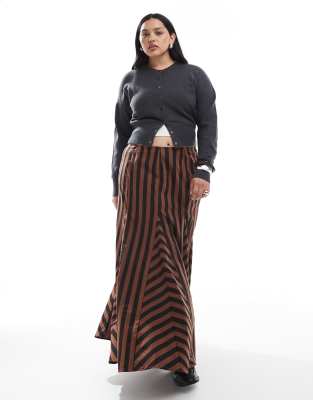 ASOS DESIGN Curve - Maxirock in Schwarz und Braun mit Godet-Detail und verschiedenen Streifen-Brown