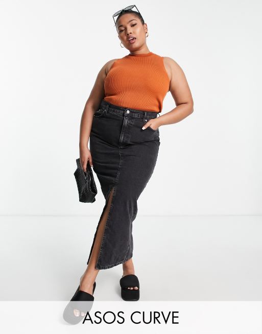 ASOS DESIGN Curve - Maxirok van denim in jaren 90 stijl in zwarte wassing - BLACK