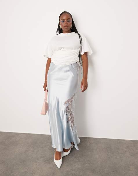 ASOS DESIGN Curve - Maxirok van satijn en kant in blauw - view 1