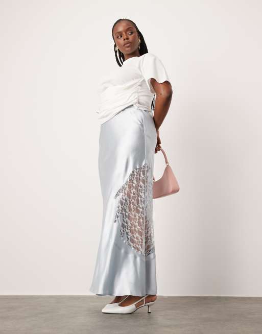 ASOS DESIGN Curve - Maxirok van satijn en kant in blauw, 3 van 5
