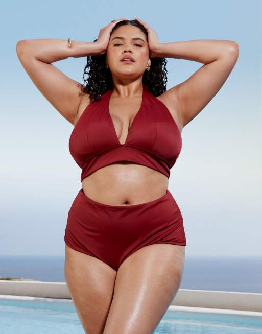 ASOS DESIGN Curve - Maya - Bas de bikini à taille haute à assortir - Bordeaux