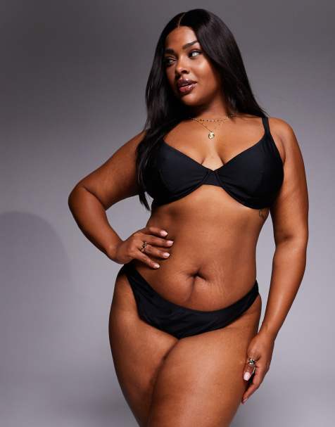 ASOS DESIGN Curve – Maya Florida – Brazilian-Fit-Bikinihose in Schwarz mit hohem Beinausschnitt - view 1