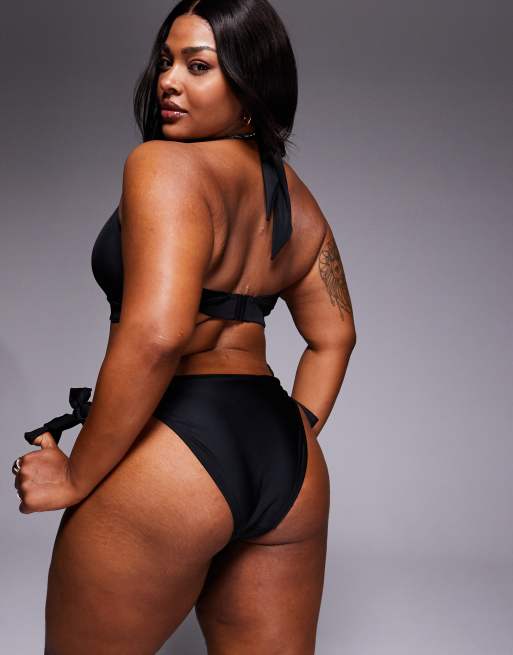 ASOS DESIGN Curve Maya Leblon high leg tie side bikini bottom in black, 4 of 4