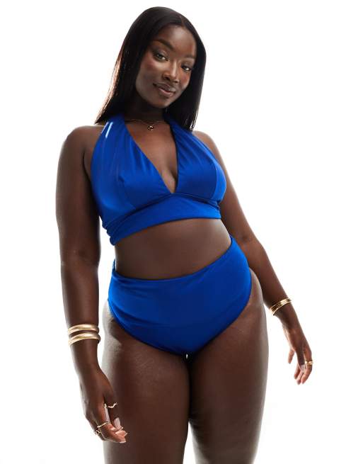 ASOS DESIGN Curve Maya Mix and Match Bikinihose in Blau mit hohem Bund und hohem Beinausschnitt ASOS