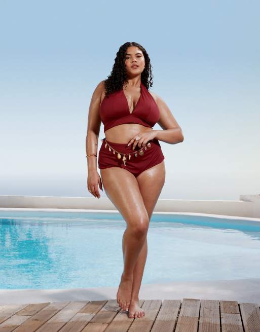 ASOS DESIGN Curve – Maya – Mix and Match – Bikinihose in Burgunderrot mit hohem Bund, 2 von 4