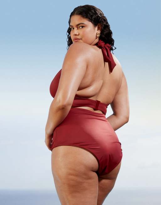 ASOS DESIGN Curve – Maya – Mix and Match – Bikinihose in Burgunderrot mit hohem Bund, 3 von 4