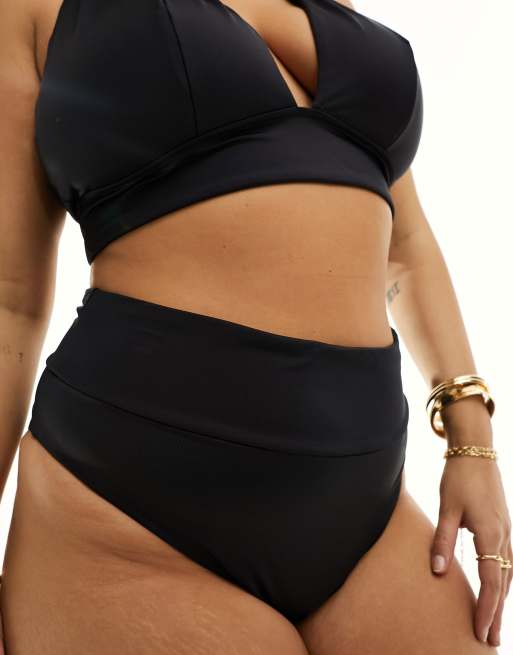 ASOS DESIGN Curve Maya Mix and Match Bikinihose in Schwarz mit hohem Bund und breitem Saum ASOS